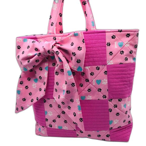 Handmade Tote Bag: Puppy Love Handbag Pink, Teal, Animal Lover Large Bow - Picture 1 of 11